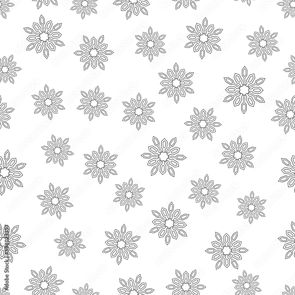 Doodle black mandala in the shape of snowflakes on white background. Suitable for wrapping paper, wallpaper, textile.