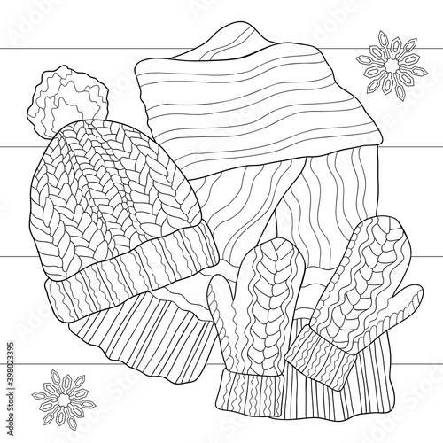 Doodle winter hat with pigtail patterns, knitted mittens, scarf and snowflakes. Season isolated illustration on white background. For coloring book pages.