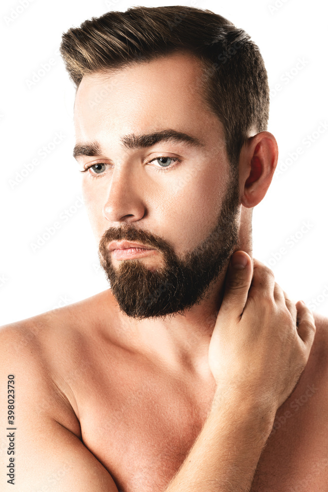 Obraz premium Handsome bearded man with a smooth skin on white background
