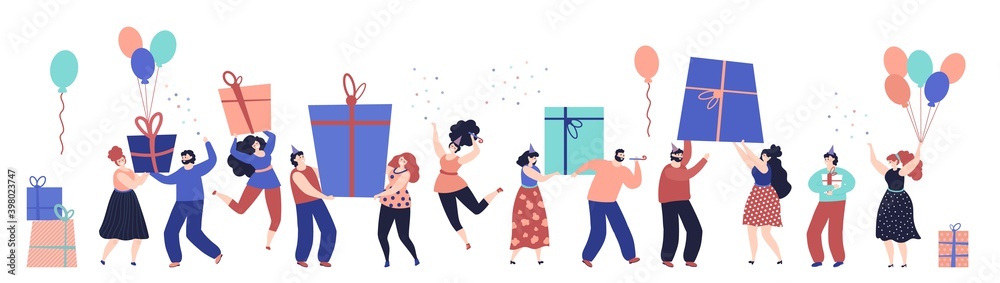 Funny people gifts. Birthday celebrating, beauty woman blowing whistle. Emotional friends company, confetti present box decent vector banner. Illustration birthday emotional company celebrating - obrazy, fototapety, plakaty 