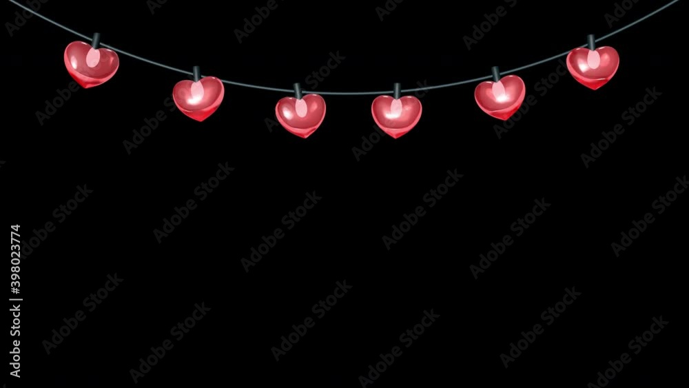 Heart shaped string lights, red, transparent texture, hanging down, 3D animation on transparent background in 4K version only and with alpha matte for HD version.