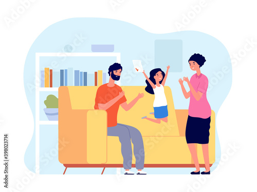 Success happy student. School test, parents child and exam result. Home education, cartoon girl joy high score at study utter vector concept. Education result teenager for home work illustration