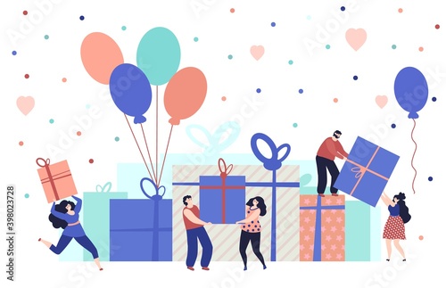 Happy people with gifts. Event smile person, funny friends confetti presents. Birthday party, cheerful celebration decent vector concept. Celebration entertainment, gift box to present illustration