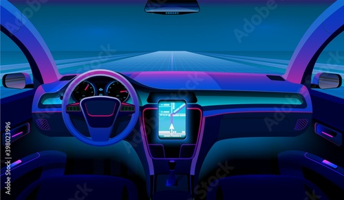 Inside futuristic car. Neon auto, modern interior and road grid. Driverless vehicle on night traffic vector background. Illustration self-driving futuristic interior dashboard
