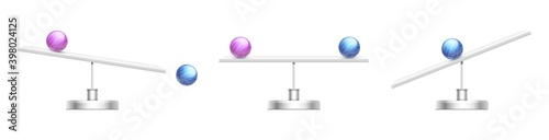 Save balance. Abstract scale, gender gap or inequality metaphor. White desk, blue pink balls vector illustration. Balance scale and seesaw horizontal