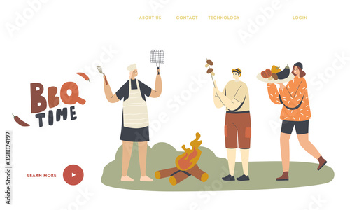 Characters Spend Time Outdoor on Bbq Landing Page Template. Family or Friends Cooking, Eating Vegetables, Mushrooms