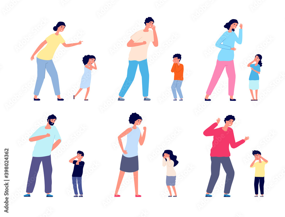 Parents scream to kids. Adults swearing, crying girl punished. Family abuse, isolated woman mother scolding little children utter vector set. Screaming and shouting parents to child illustration