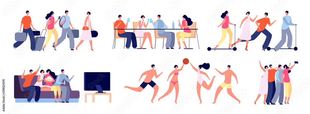 Happy friends together. Young adults friendship, people spend time together. Girl boy party, students weekend utter vector collection. Friendship together spend time, happy and friendly illustration