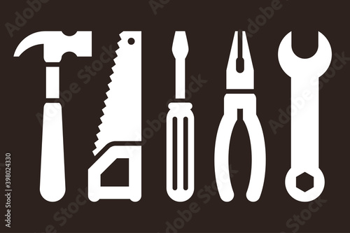 Hammer, saw, screwdriver, pliers and wrench. Tools icon