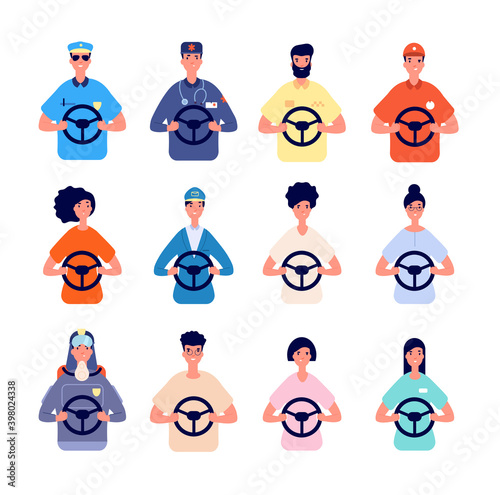 Driver characters. People driving avatars, logistic truck police workers. Person in car taxi or bus, female post courier vector set. Illustration profile police and doctor, firefighter and taxi driver