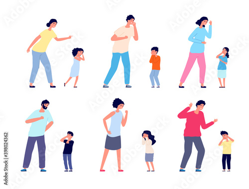 Parents scream to kids. Adults swearing  crying girl punished. Family abuse  isolated woman mother scolding little children utter vector set. Screaming and shouting parents to child illustration