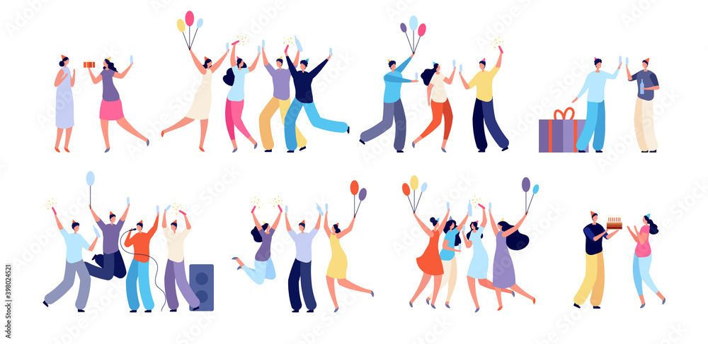 Birthday party people. Celebration characters, happy woman with balloons. Surprise event, confetti cake and presents utter vector set. People birthday party, greeting and celebration illustration