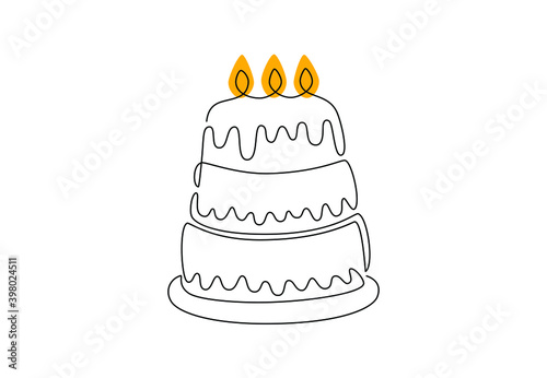 One continuous  line drawing of birthday cake with candles. Hand drawn cake with glaze for celebration moment, cards and banner. Modern minimalist vector illustration