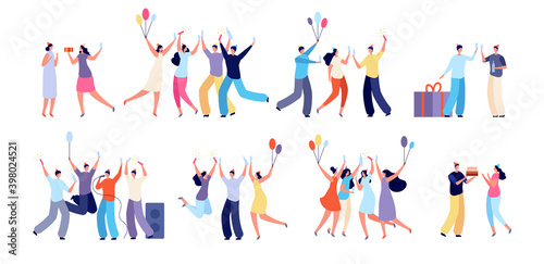 Birthday party people. Celebration characters, happy woman with balloons. Surprise event, confetti cake and presents utter vector set. People birthday party, greeting and celebration illustration