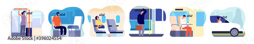 Tired people in transport. Morning woman, sad man in public bus, train. Person sleep on driving, sleepy adult work utter vector concept. Illustration people sitting fatigue and sleep in transport