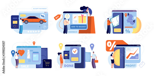 Online store payments. Internet shop pay, restaurant or car order. Web retail e-commerce, flat people buy gift tickets utter vector scenes. Illustration payment shopping step, online marketing