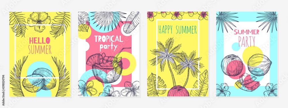 Summer coconut cards. Sketch tropic fruits, modern food background design. Beach bar, fresh cocktails or exotic drinks exact vector labels. Illustration coconut card, summer tropical sketch banner