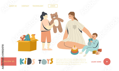 Mom with Baby Boy and Girl Landing Page Template. Nurse or Mother Female Character Playing with Kids in Playroom or Home