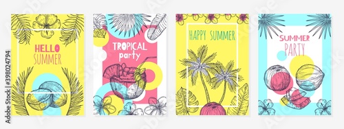 Summer coconut cards. Sketch tropic fruits, modern food background design. Beach bar, fresh cocktails or exotic drinks exact vector labels. Illustration coconut card, summer tropical sketch banner