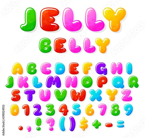 Jelly alphabet. Fruit candy font, typographics letters and numbers. Sweet bubble marmalade abc, kids gum recent vector text. Alphabet jelly and marmalade, font letter, abc typography illustration