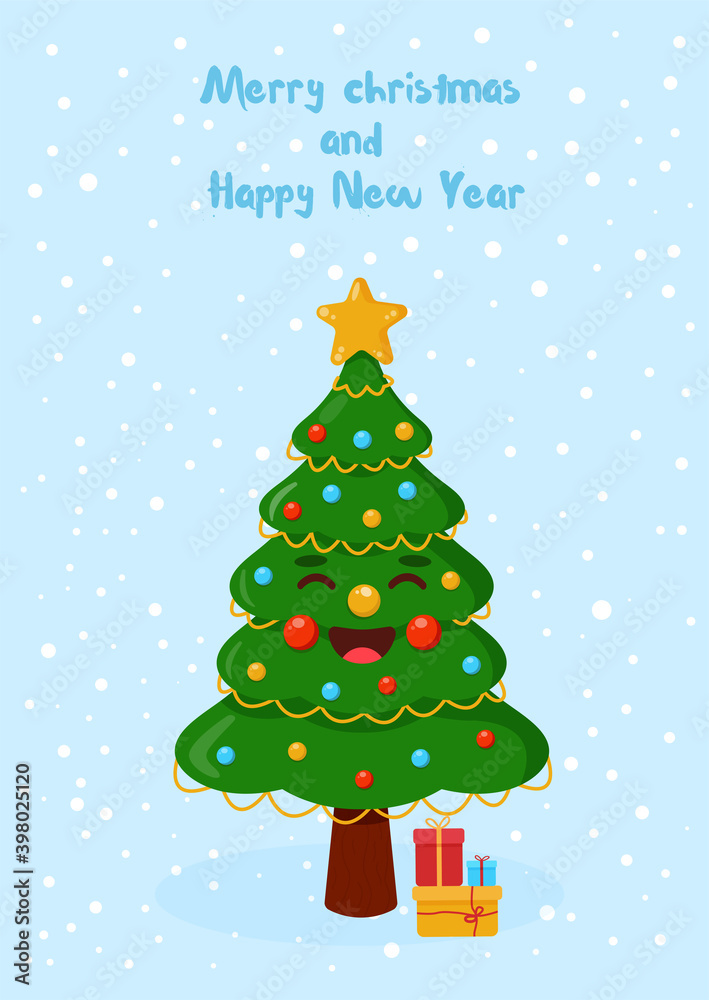 Vector illustration of New Year and Christmas card with merry fir tree. Text can be added and replaced. Merry Christmas. Vector illustration of New Year and Christmas card with merry fir tree. Text can be added and replaced. Merry Christmas.