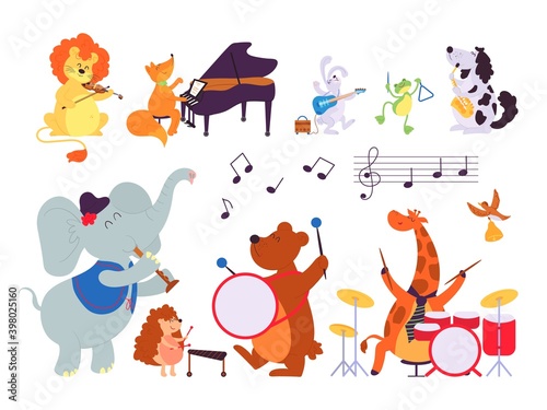 Music animals. Musician play instruments  forest dwellers with sax tambourine violin drum. Cartoon lion fox bunny vector. Illustration elephant and lion  fox and giraffe  pianist and rhythm bass