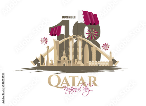 Qatar National Day of Qatar. a national holiday celebrating the union and gaining independence Qatar December 18, 1878. silhouettes sights of Qatar capital of Doha vector holiday illustration.