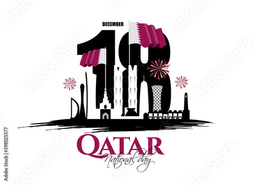 Qatar National Day of Qatar. a national holiday celebrating the union and gaining independence Qatar December 18, 1878. silhouettes sights of Qatar capital of Doha vector holiday illustration.