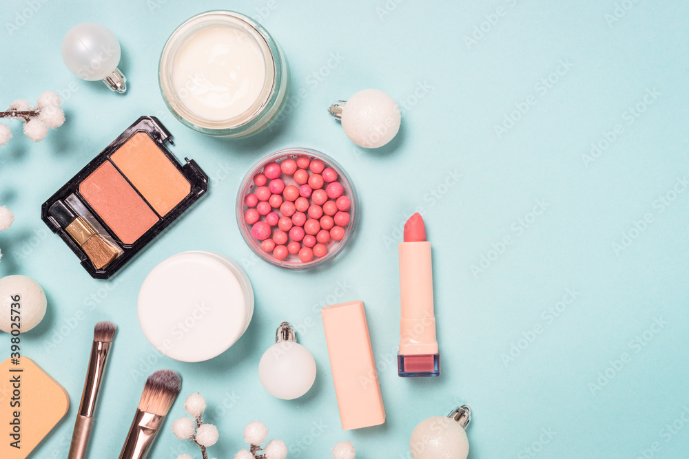 Fototapeta premium Natural cosmetics for winter make up. Idea for christmas sale, presents for winter holidays. Top view image with copy space.