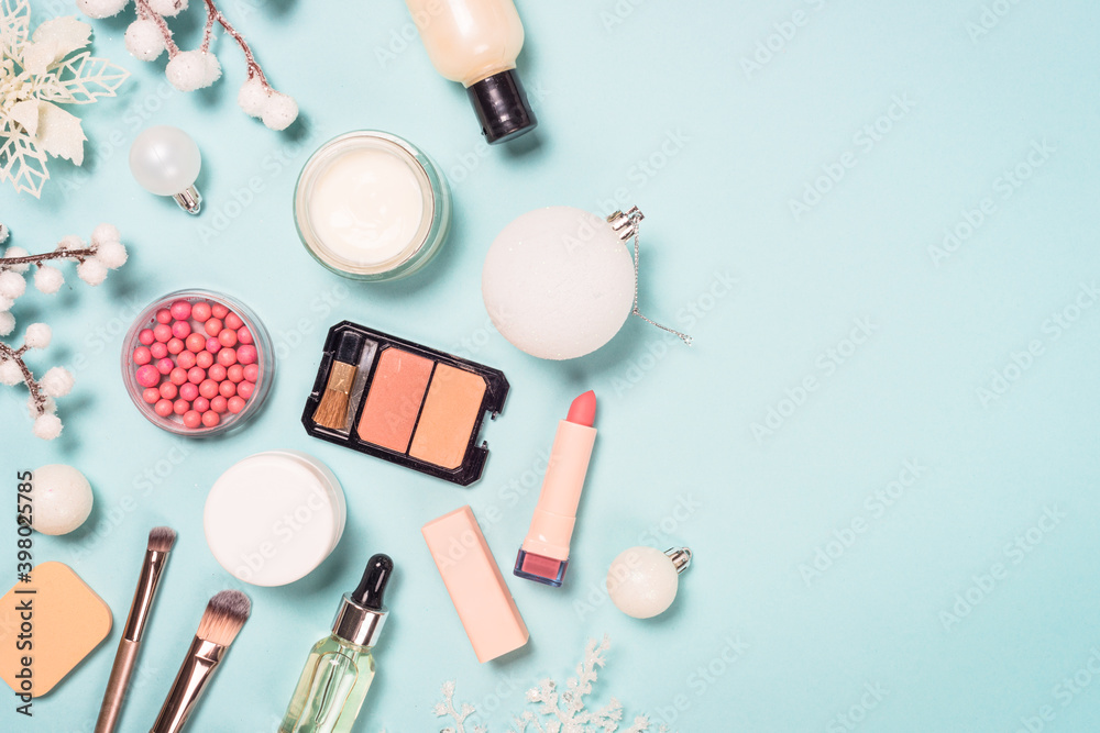 Natural cosmetics for winter make up. Idea for christmas sale, presents for winter holidays. Top view image with copy space. Natural cosmetics for winter make up. Idea for christmas sale, presents for winter holidays. Top view image with copy space.