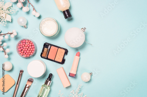 Natural cosmetics for winter make up. Idea for christmas sale, presents for winter holidays. Top view image with copy space.