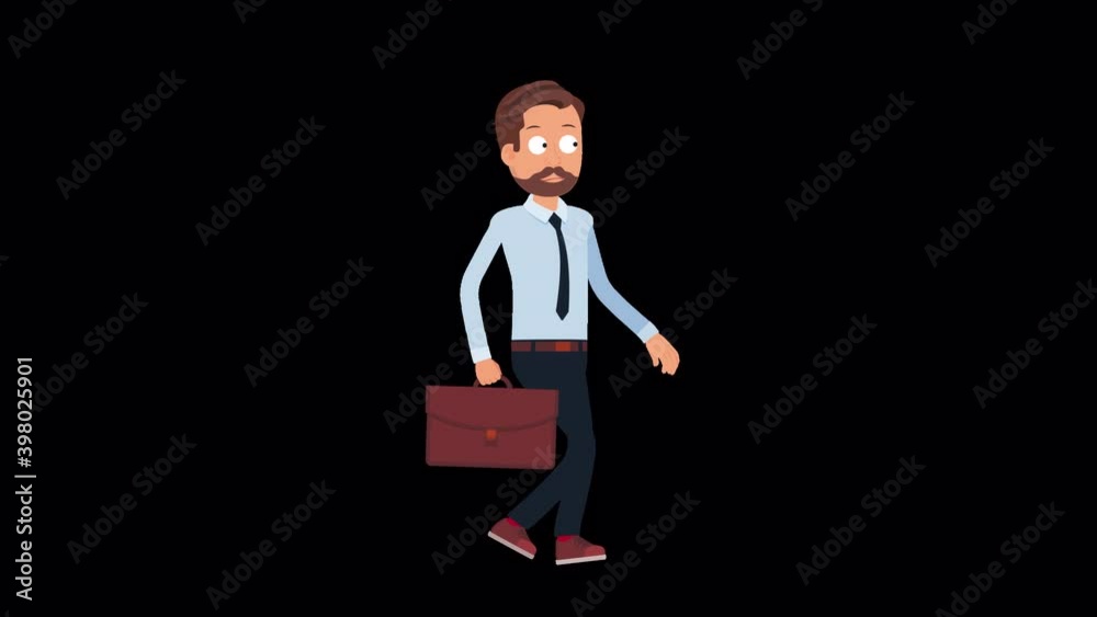 Flat Cartoon Cute Man Character Walking Cycle with Briefcase Isolated Loop 2d Animation, Chroma Key. Business man, office worker, with tie walking with briefcase on a Green Screen.