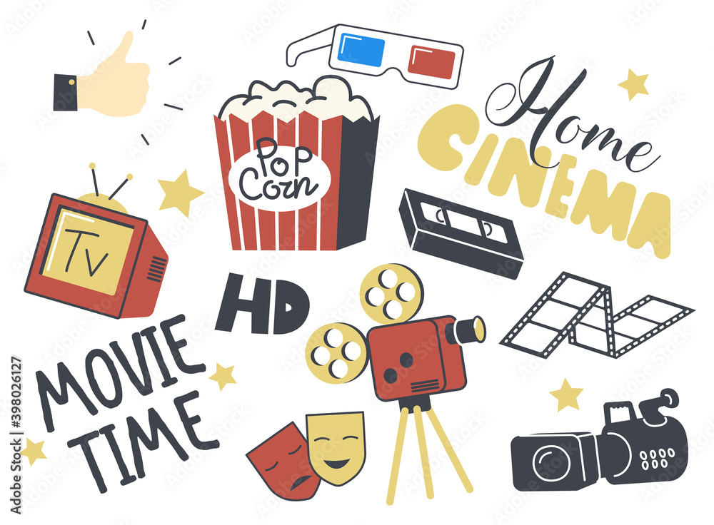 Set of Icons Home Cinema Theme. Retro Camera, Television, Pop Corn and 3d Glasses, Sad Happy Mask, Film Reel and Stars