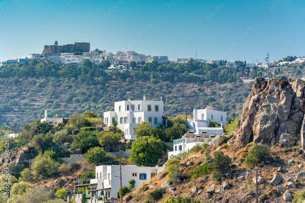 Obraz premium The monastery of St.John view from sea in Patmos Island