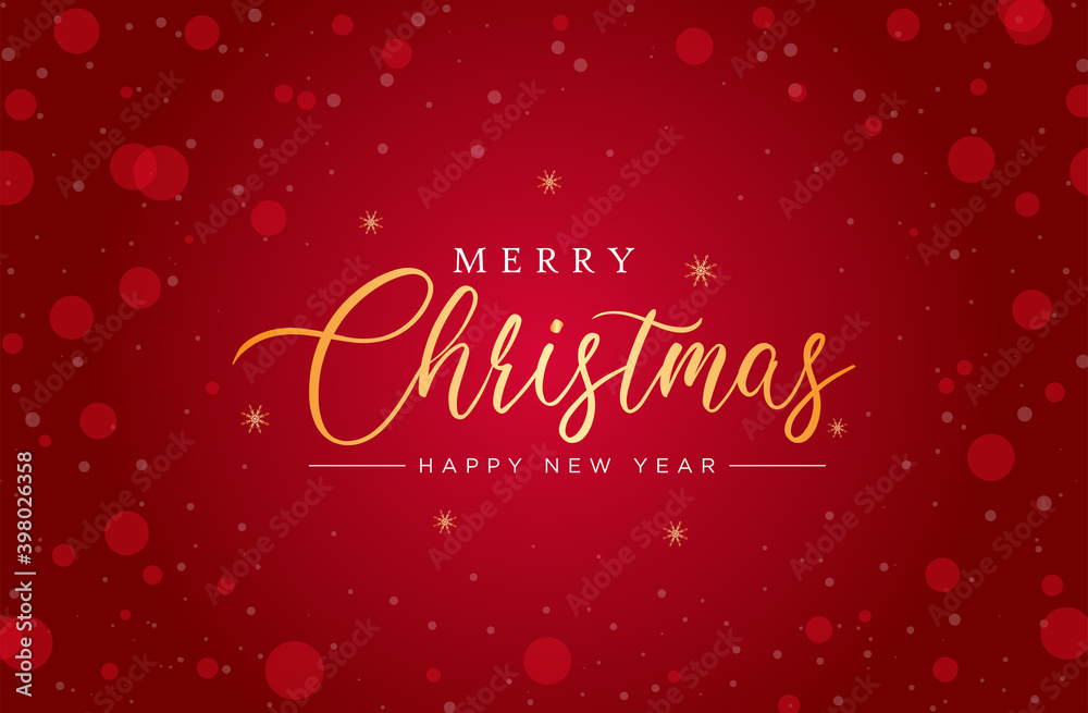 Merry Christmas and Happy new year banner with golden color text. Happy Xmas Winter snowflakes red background.