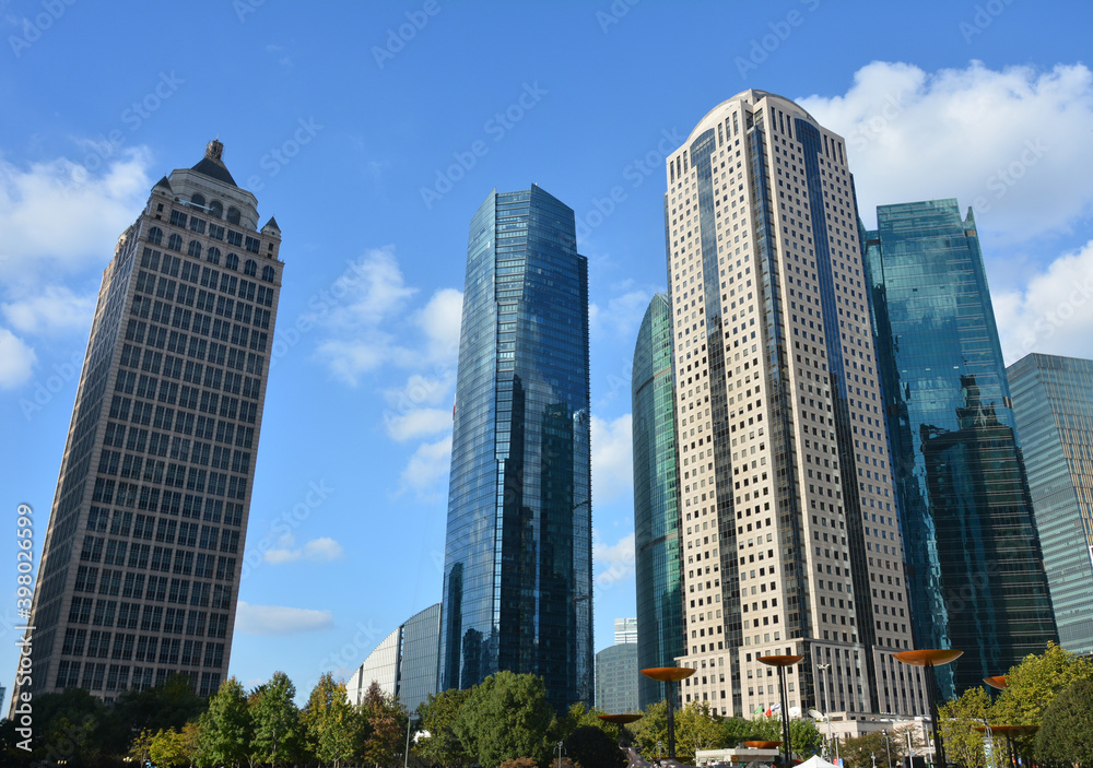 high skyscrapers in sunny day in Lujiazui of Shanghai