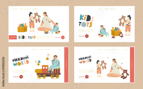 Mom with Baby Boy and Girl Landing Page Template Set. Nurse or Mother Female Character Playing with Kids in Playroom