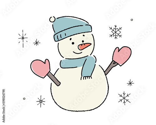 雪だるまの手描きイラスト／かわいい／雪／冬／クリスマス／スノーマン