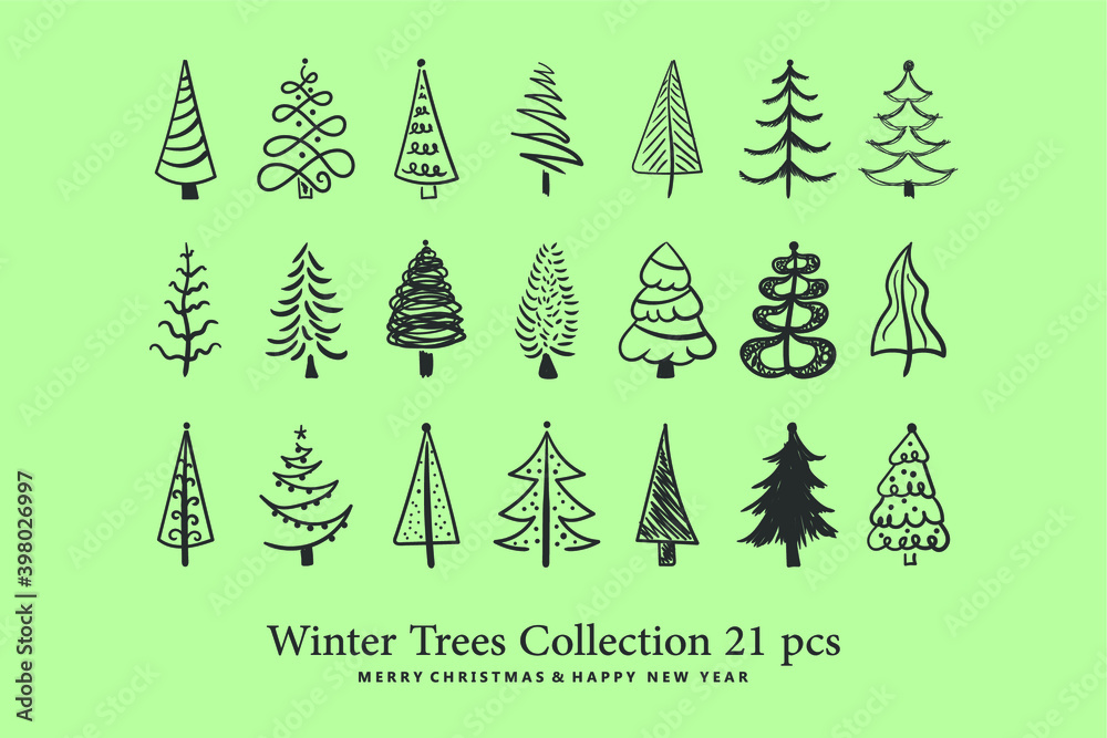 Hand drawn doodle christmas tree set. Many group silhouette decor icons isolated on white background. Black color sketch style holiday trees. New year ...