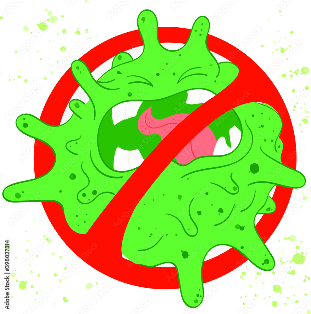 Obraz premium Stop virus hand drawn concept. Coronavirus stop sign. Green COVID character in prohibition red circle. Covid-19 sign isolated