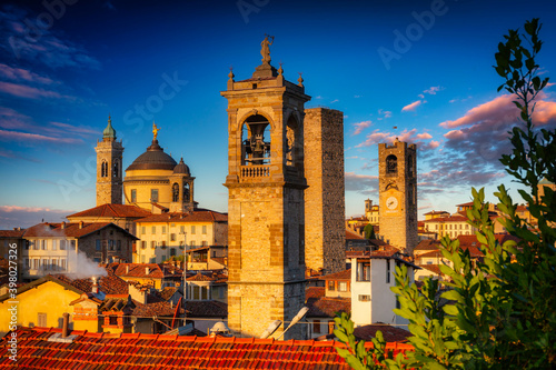 Beautiful architecture of the Citta Alta in Bergamo at sunrise, Italy.