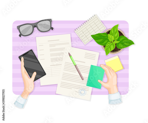 Human Hands Signing Document and Filling up Form at Desk with Notepad and Smartphone Rested Nearby Vector Illustration