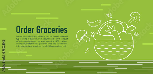 Order Organic Grocery web banner design for Online store, Market, shopping, Home delivery concept. line vector illustration.