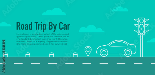 Road Trip by Car. Travel web banner with traffic signal, clouds, milestone elements line vector illustration.