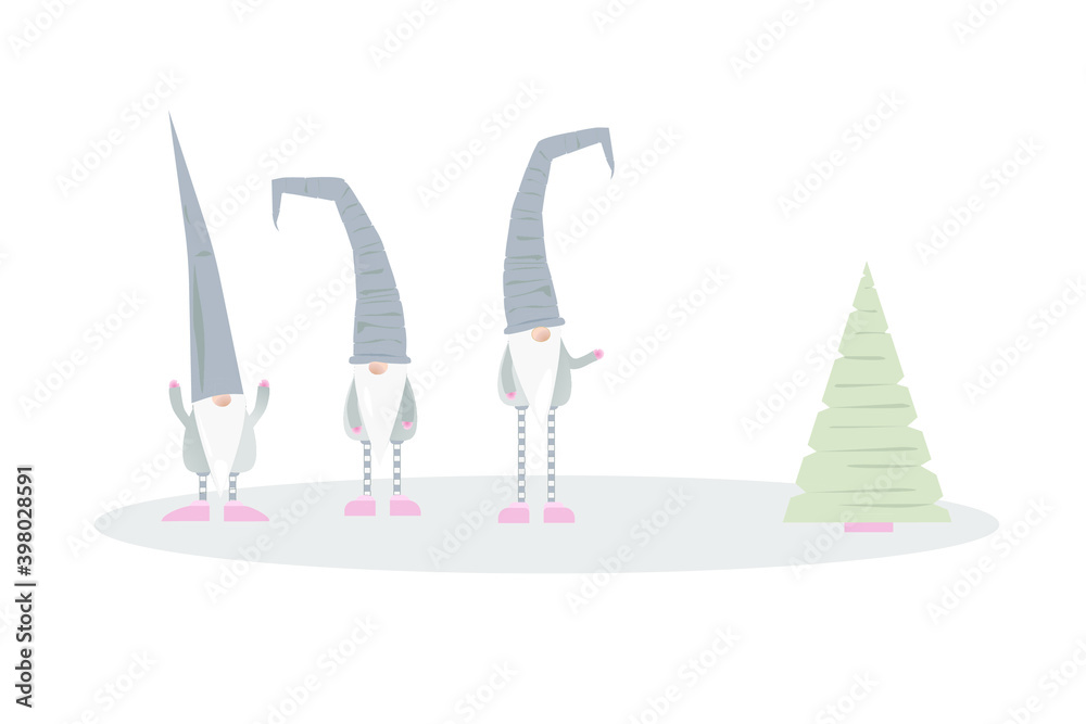 © Kelya - three Christmas gnomes, with long caps, looking at a green Christmas tree © Kelya - three Christmas gnomes, with long caps, looking at a green Christmas tree