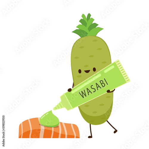 Wasabi root character. Wasabi root on white background. Wasabi tube.