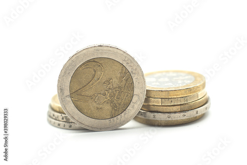 Closeup of euro coins on white background