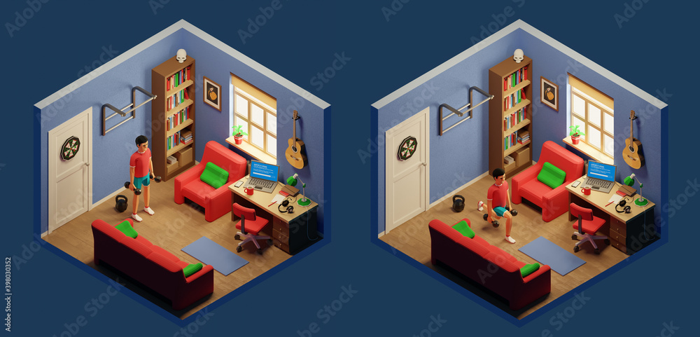 Lunge - home workout exercise. Home fitness in workplace room. 3d render isometric illustration.