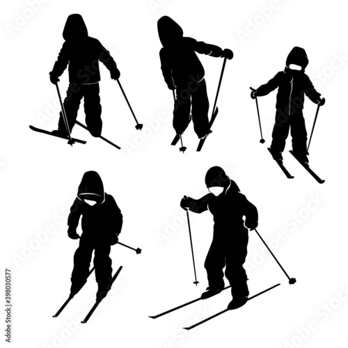 silhouette of a child on a white background, winter, skiing, for design