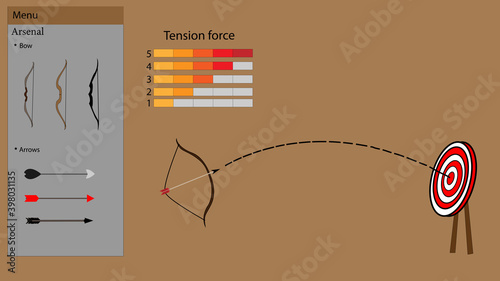 A model of archery game with different tension levels and different levels of combat arsenal. Collection and a set of arrows and bows. Direction and its purpose. Vector illustration